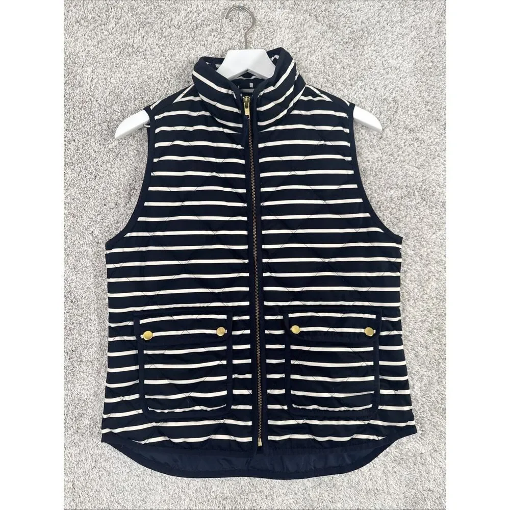 J. Crew Womens Full Zip Stripe Quilted Down Puffer Vest Sz‎ S Blue White